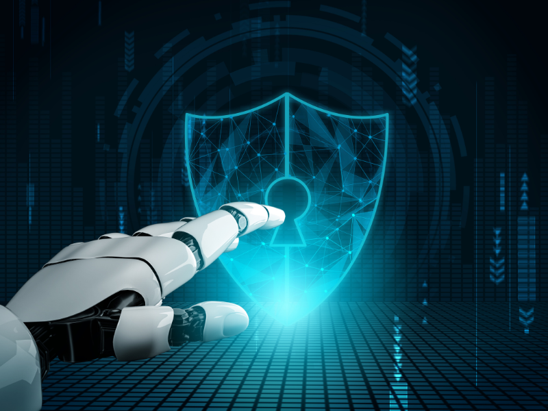 Illustrazione digitale dell'intelligenza artificiale con lucchetto che simboleggia la sicurezza dei dati nel cloud, su sfondo blu.